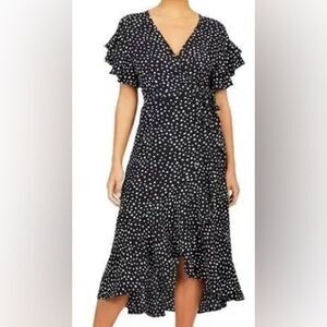 Max Studio Black And White Spotted Midi Wrap Dress